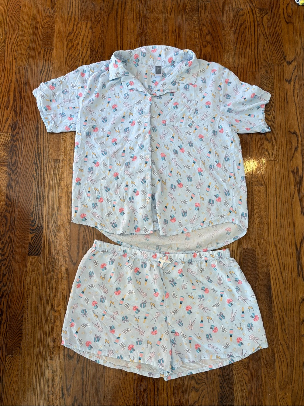 Pj Couture Light Blue Bridal Bride Champagne Print Pajama Set
